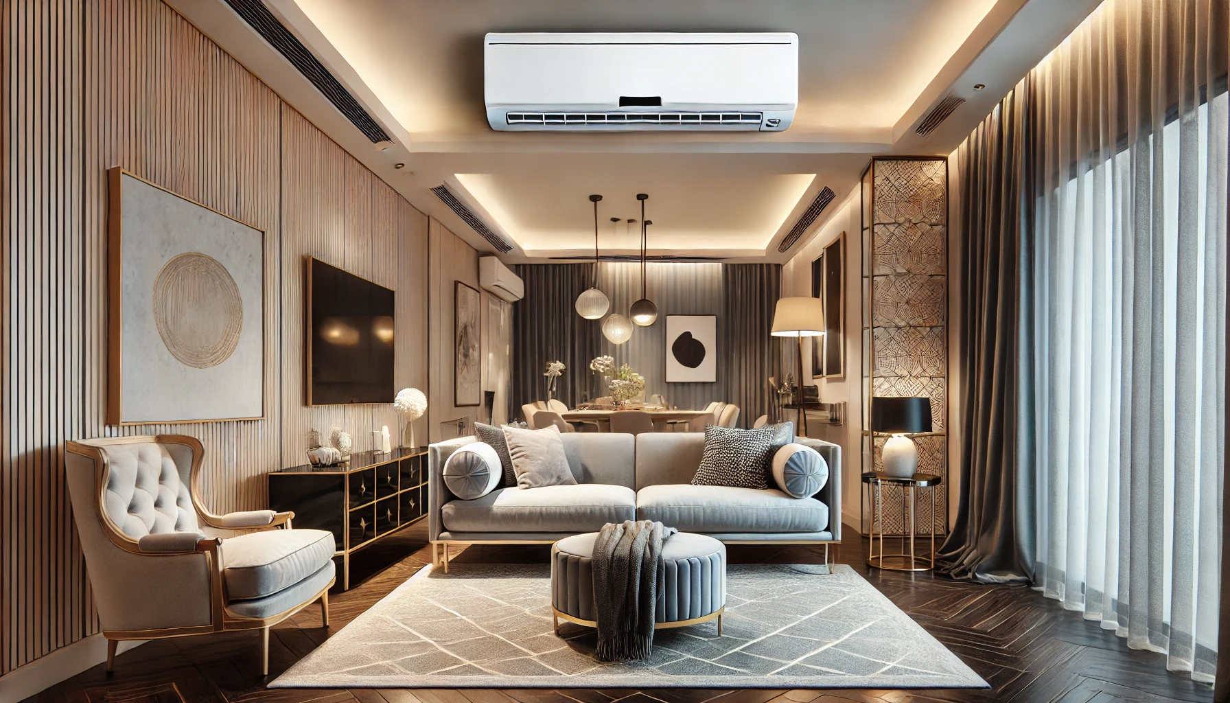 DALL·E 2025-03-10 09.46.36 - A modern air conditioning unit installed in a stylish living room. The sleek AC unit is mounted on the wall, providing a cool and comfortable atmosphe